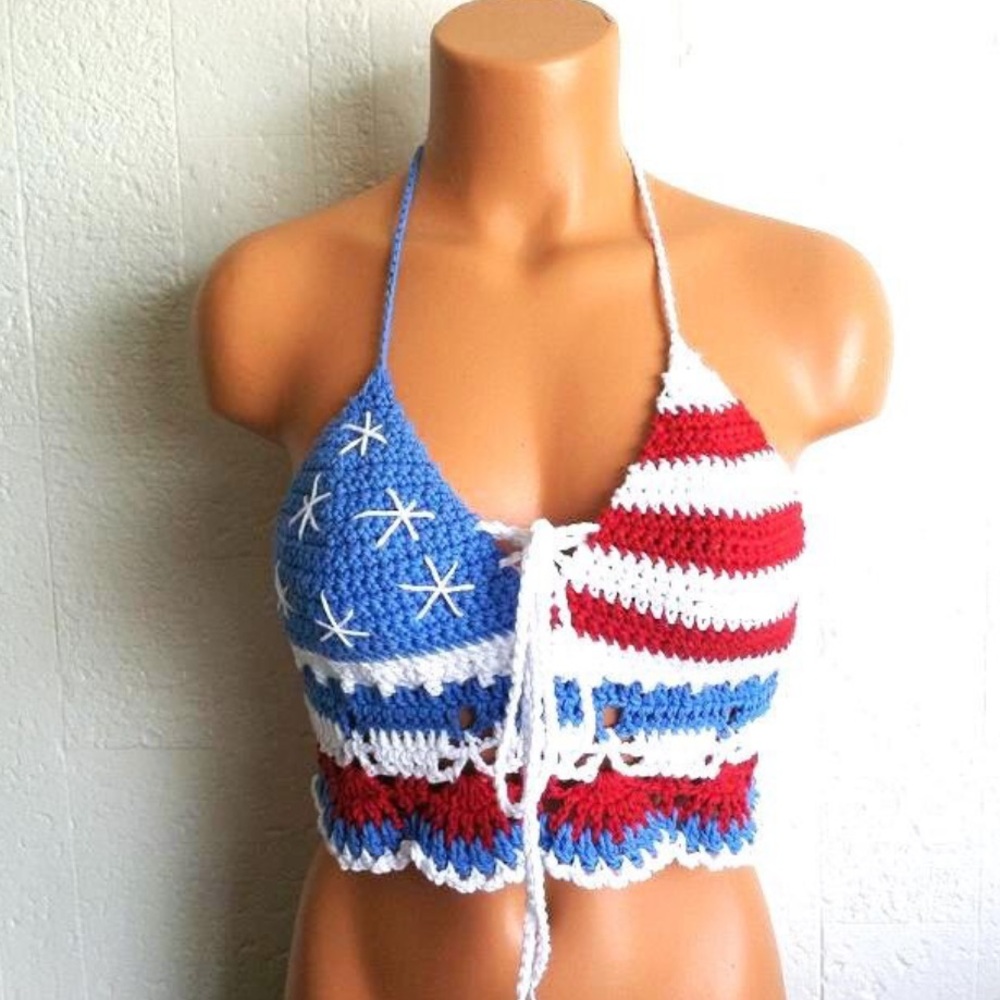 Classic Patriotic Fourth of July American Flag Crochet Halter Top